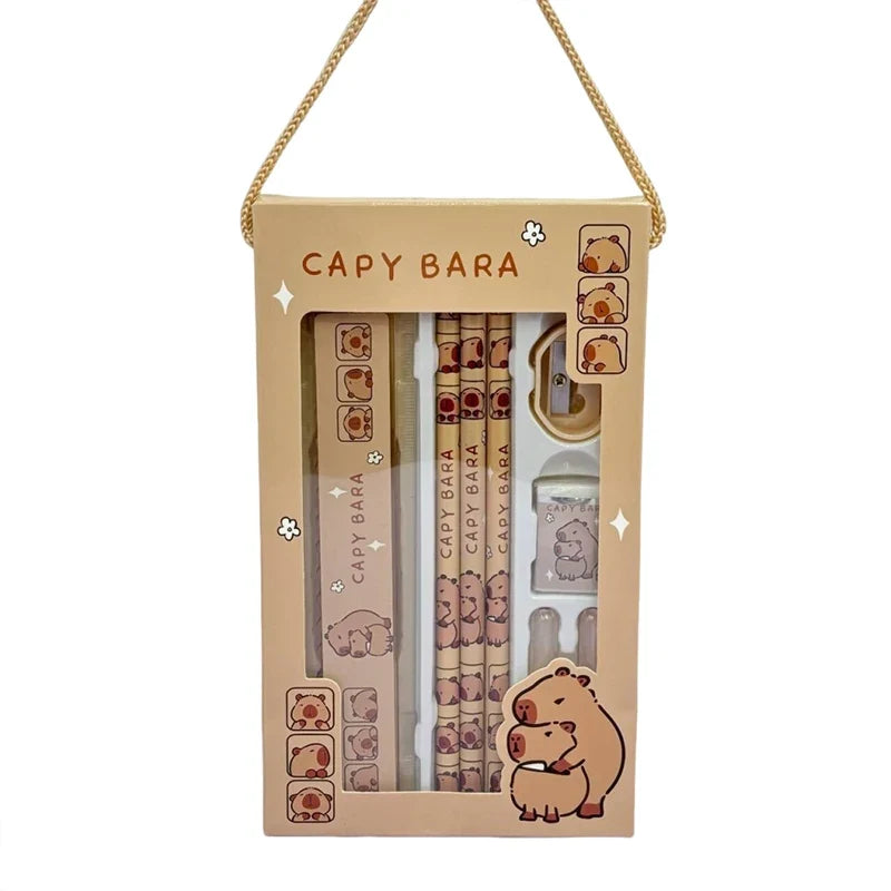 Capybara Cartoon Stationery Set – Pencil, Ruler, Eraser & Sharpener Kids Stationery Set Qme
