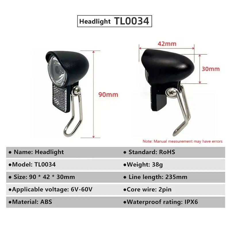 Electric Bicycle LED Headlight 6V-60V Waterproof ABS Black E-Bike LED Headlight Qme