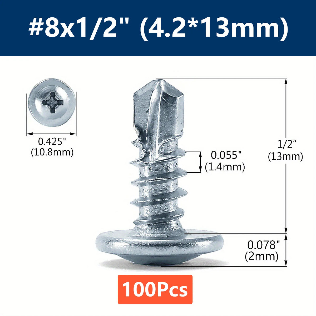 #8 Phillips Truss Head Self-Drilling Tek Screws | Zinc Sheet Metal Sheet Metal Screws Qme 100pcs 13mm