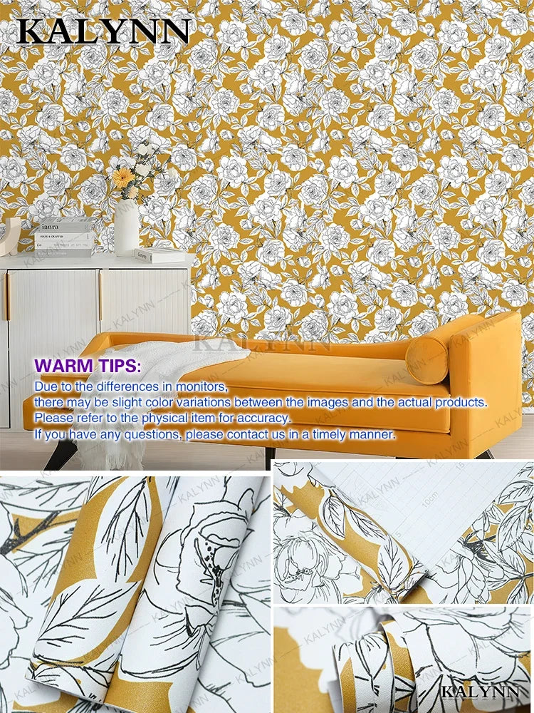 Floral Peel & Stick Removable Wallpaper – Vinyl Wall Sticker Peel & Stick Wallpaper Qme Yellow Background 16FTx17in(5mx45cm)