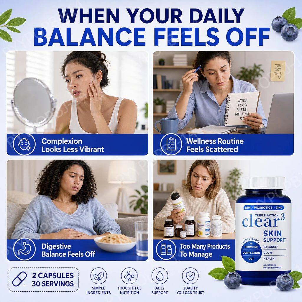 Clear³ Skin Supplement with DIM, Probiotics & Zinc – 60 Capsules Skin Support Supplement Qst
