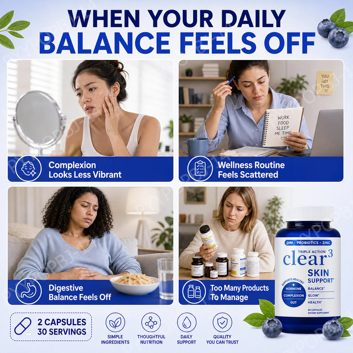 Clear³ Skin Supplement with DIM, Probiotics & Zinc – 60 Capsules Skin Support Supplement Qst