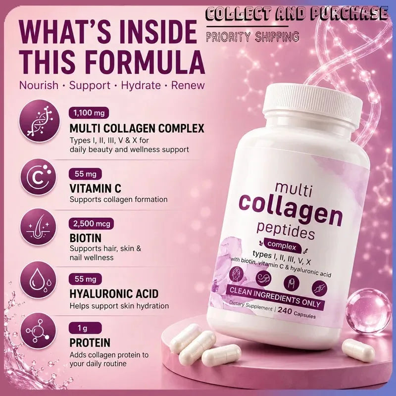 Multi Collagen Peptides Complex 240 Caps – Biotin & Vitamin C Collagen Supplement Qst