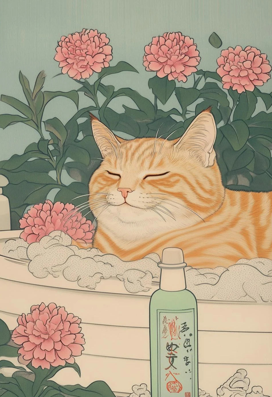 Japanese Cat Bathtub Canvas Print | Japandi Retro Wall Art Canvas Wall Art Qst 04 20x30cm Unframed