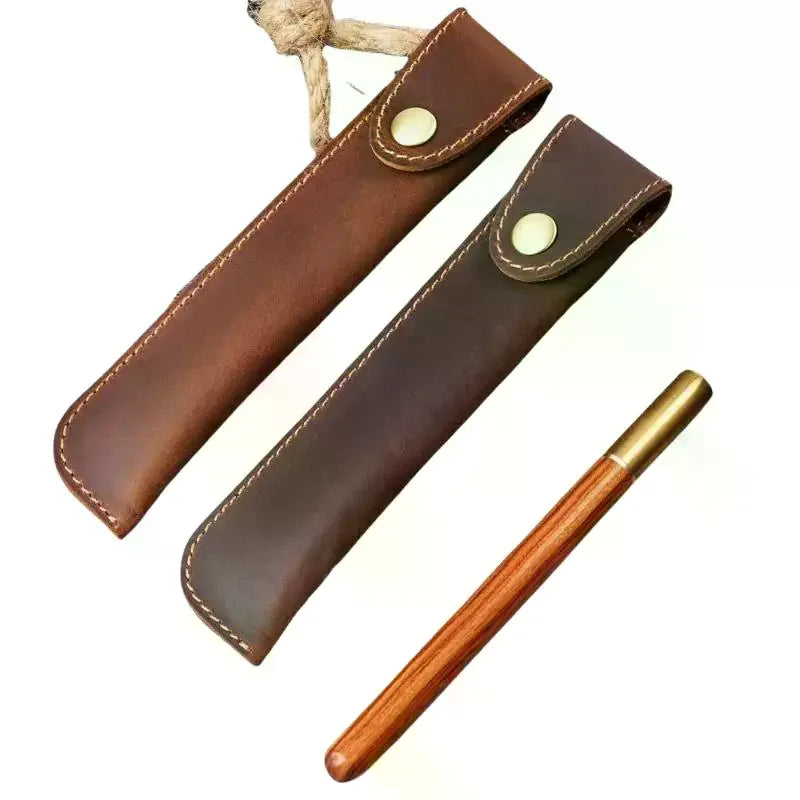 PU Leather Pen Holder Brass Snap Slim Pencil Case | 16 Colors Leather Pen Sleeve Qme