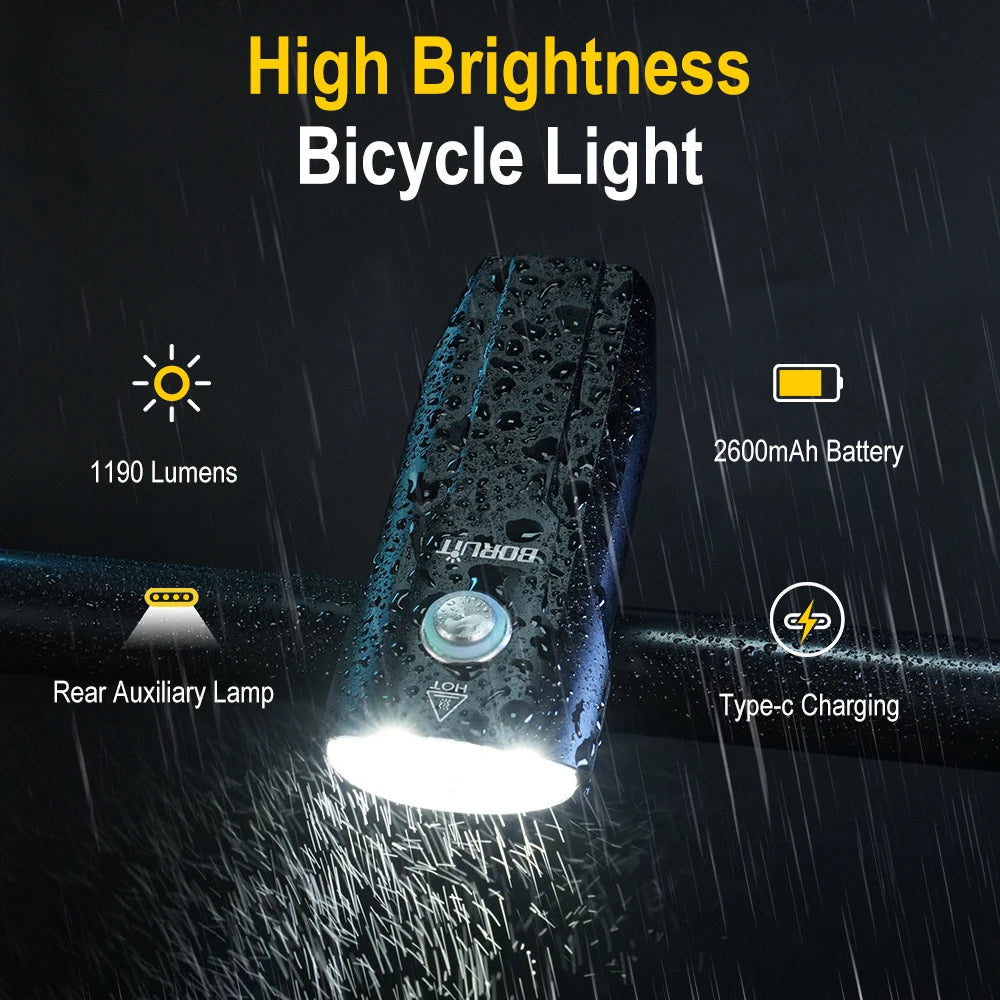 BORUiT LED Bike Light IP67 Waterproof USB-C Rechargeable 1190lm Bicycle Headlight Qst
