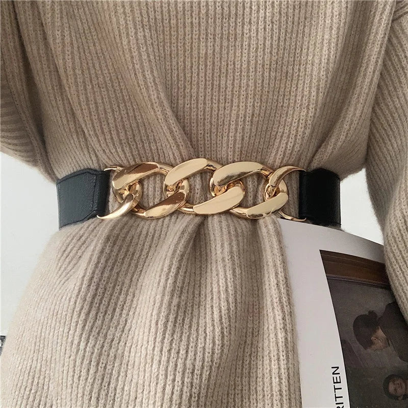 Women's Elastic Wide PU Leather Chain Buckle Rivet Belt Wide Fashion Belt Qme