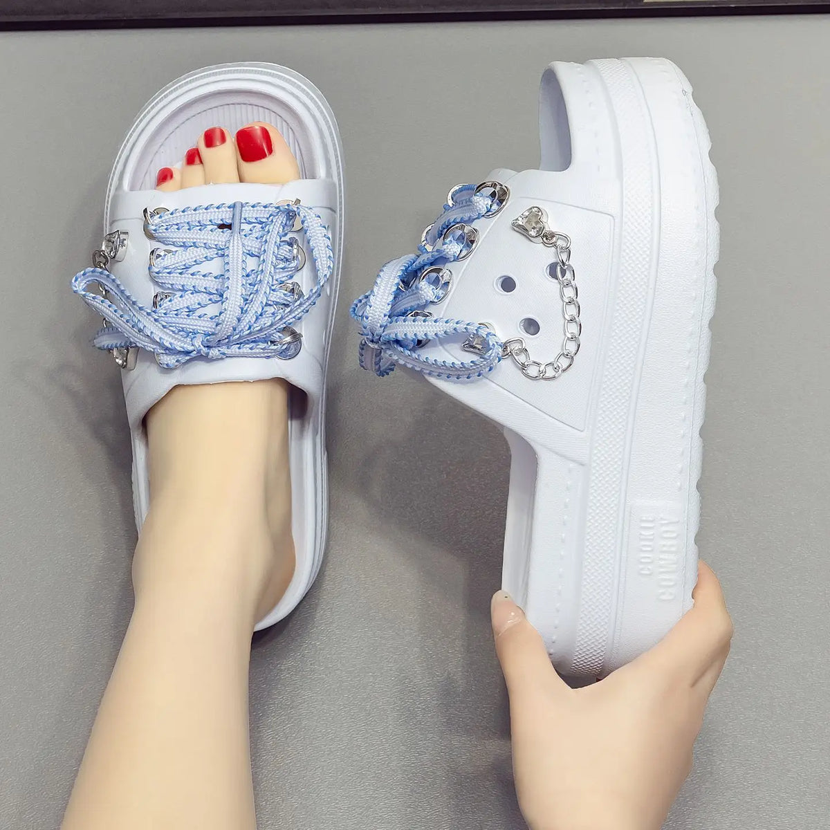 Women's Platform Slides – Lace-Up Metal Chain Summer Slippers Platform Slides Qst Blue 37-38