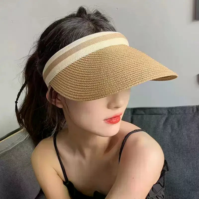 Women's Raffia Straw Sun Hat – Wide Brim Open Top UV Shield Straw Sun Hat Qst
