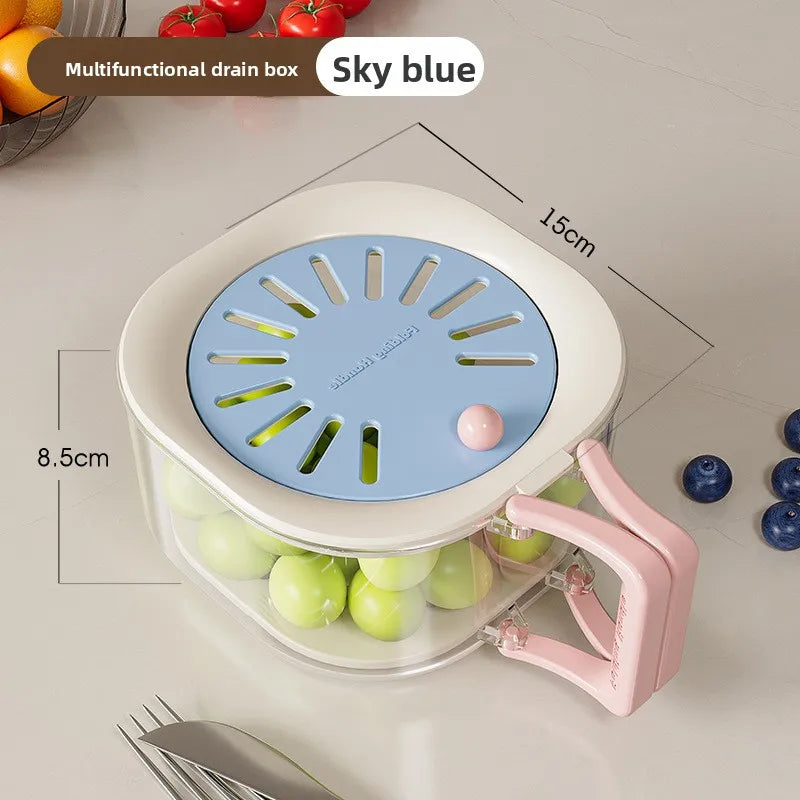 2-in-1 Double-Layer Fruit & Vegetable Washing Basin with Lid Vegetable Washing Basin Qme Blue