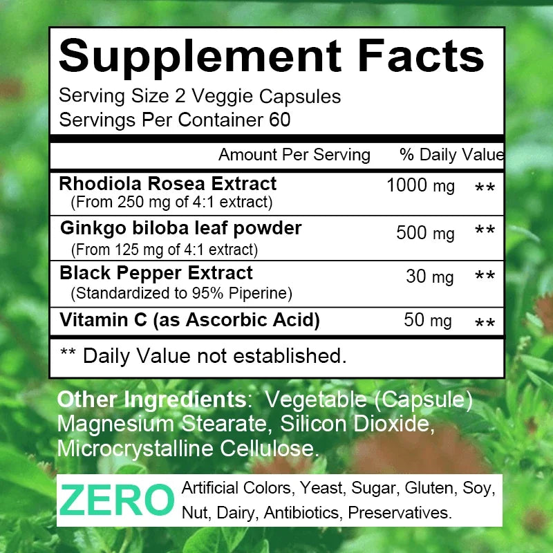 Rhodiola Rosea Capsules – Natural Adaptogen for Mood & Focus Herbal Supplement Qst