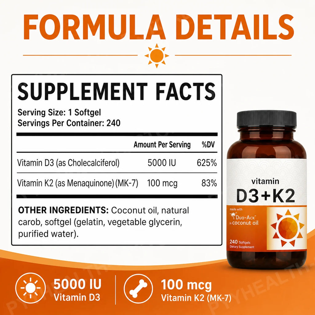 Vitamin D3 K2 MK-7 Softgels 5000 IU + 100mcg | 240ct Vitamin Supplement Qst