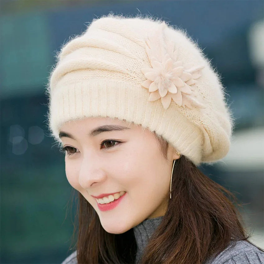 Women's Floral Knit Beanie – Warm Soft Winter Ski Hat Knit Winter Beanie Qst WHITE
