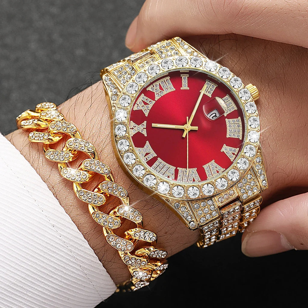 Men's Iced Out Watch, Cross Necklace & Cuban Bracelet Set Men's Jewelry Set Qme