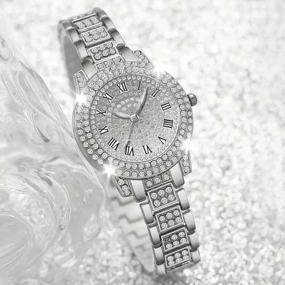 Women's Luxury Rhinestone Watch | Roman Numerals Round Dial Bracelet Watch Qme