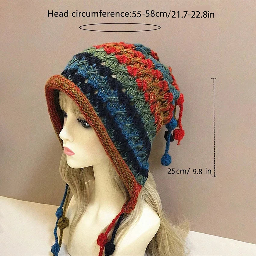 Women's Winter Knitted Beanie – Rainbow Striped Tassel Pom Hat Knitted Winter Beanie Qst