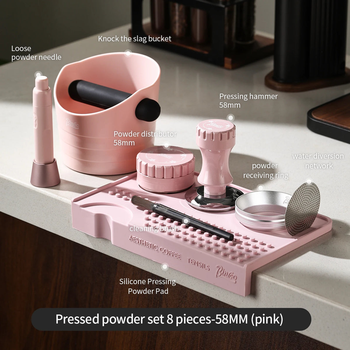 Bincoo Pink Coffee Tamping Station Kit – 51mm 8-Piece Set Coffee Tamping Kit Qst DEEP BLUE