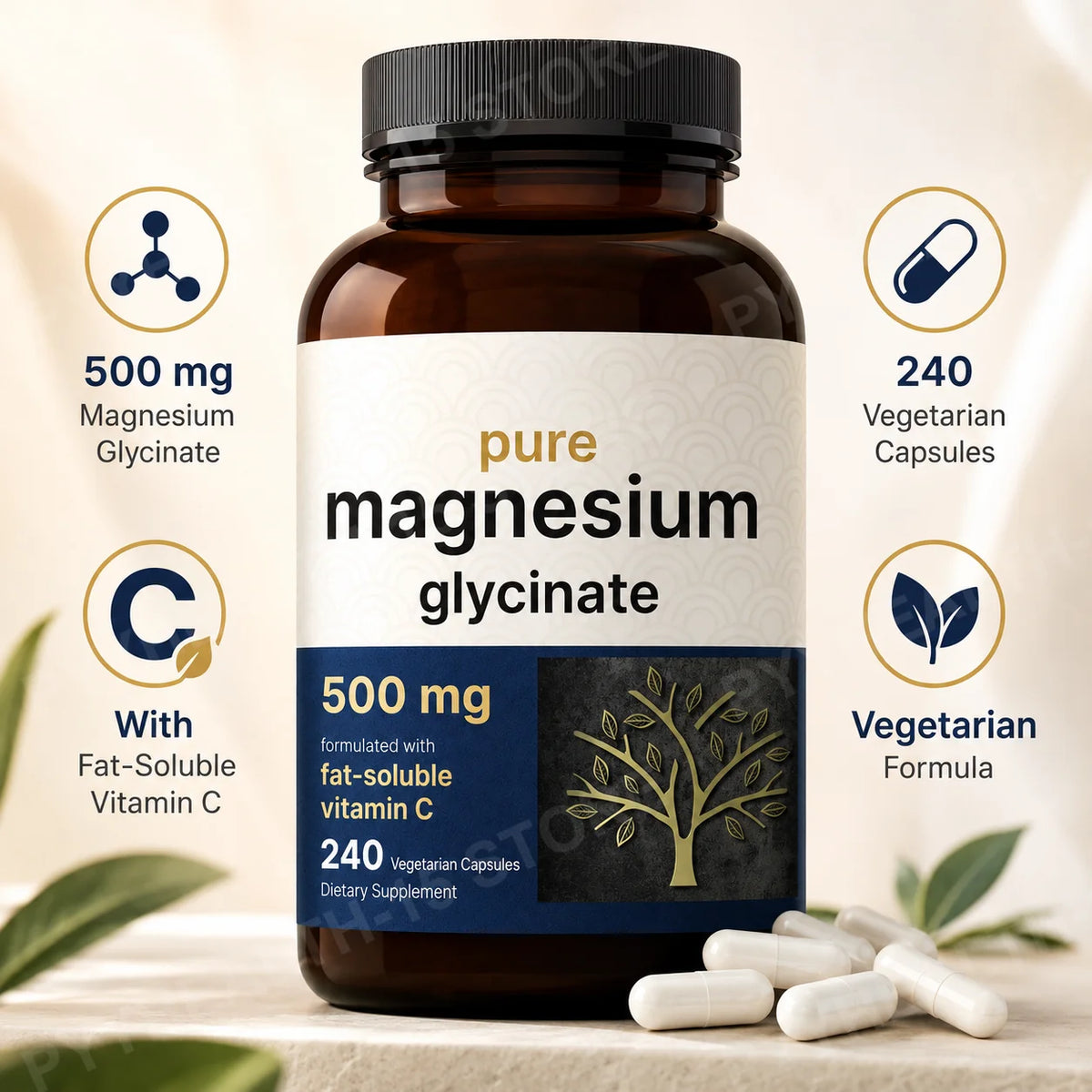 Magnesium Glycinate 500mg Veggie Capsules + Vitamin C, 240 Count Mineral Supplement Qst