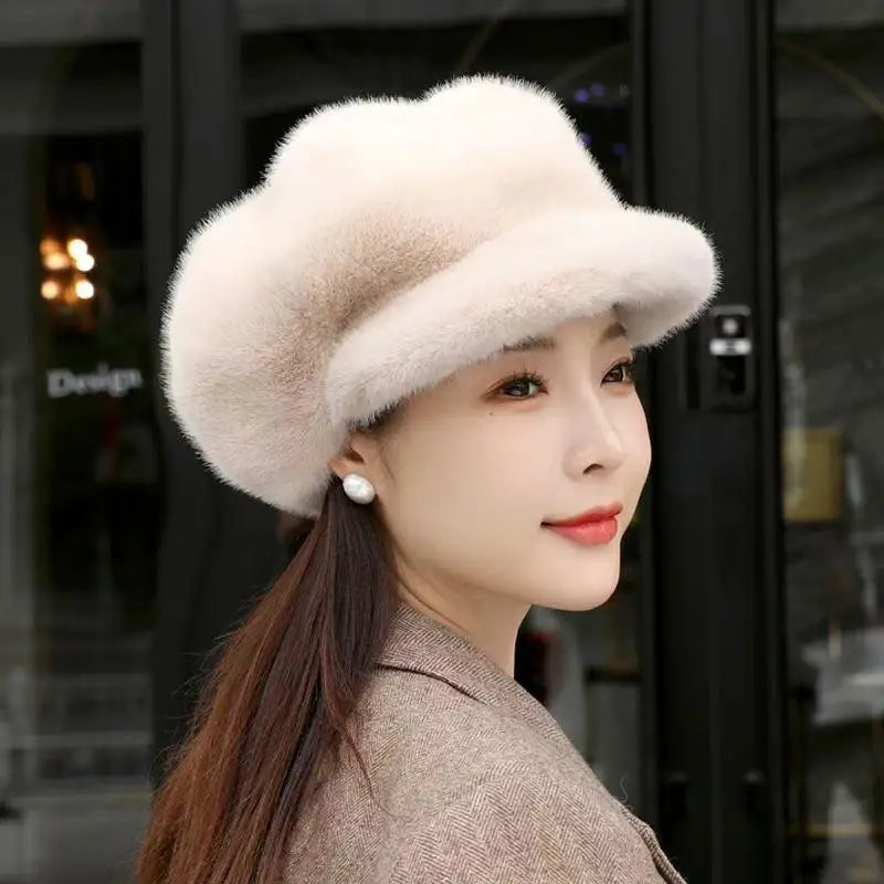 Women's Faux Mink Beret – Warm Solid Color Peaked Cap Women's Beret Hat Qst