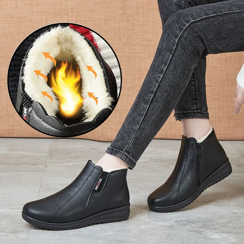 Women's Winter Plush-Lined Slip-On Ankle Boots | Soft PU Leather Women's Ankle Boots Qst