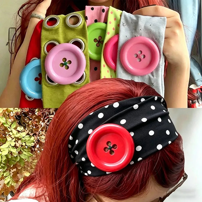 Y2K Wide Polka Dot Elastic Headband – Big Button Hair Hoop Wide Elastic Headband Qme