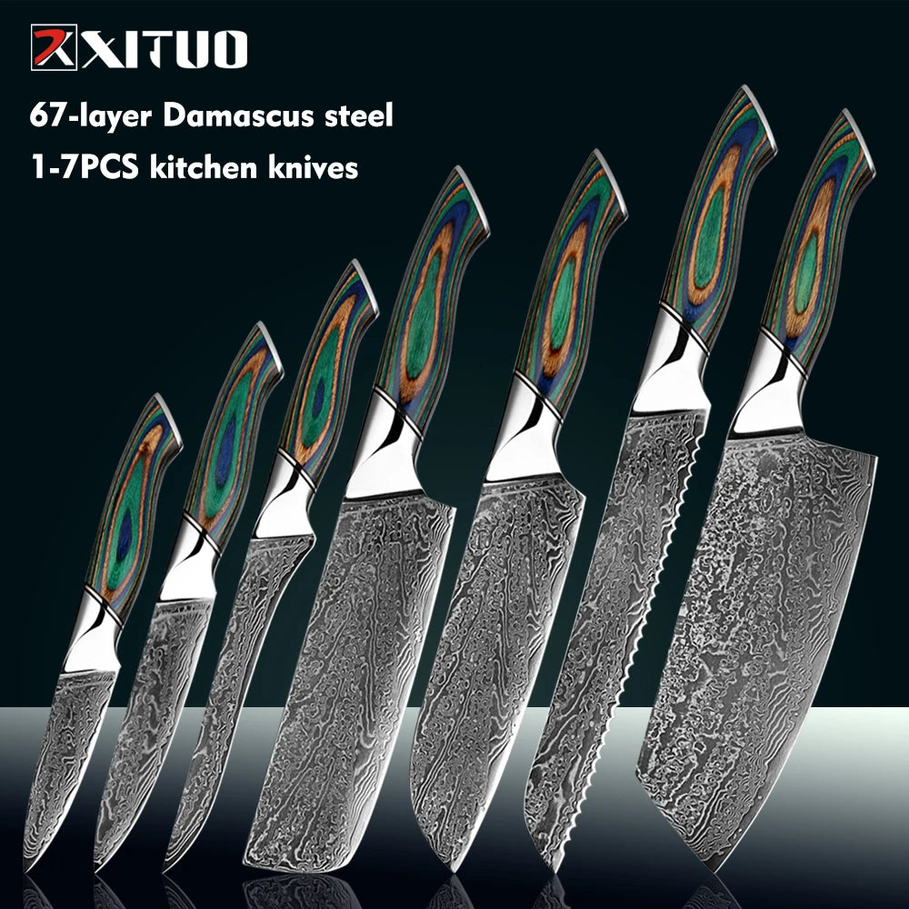 Xituo Damascus Steel Chef Knife Set – Green Wood Handle Chef Knife Set Qst