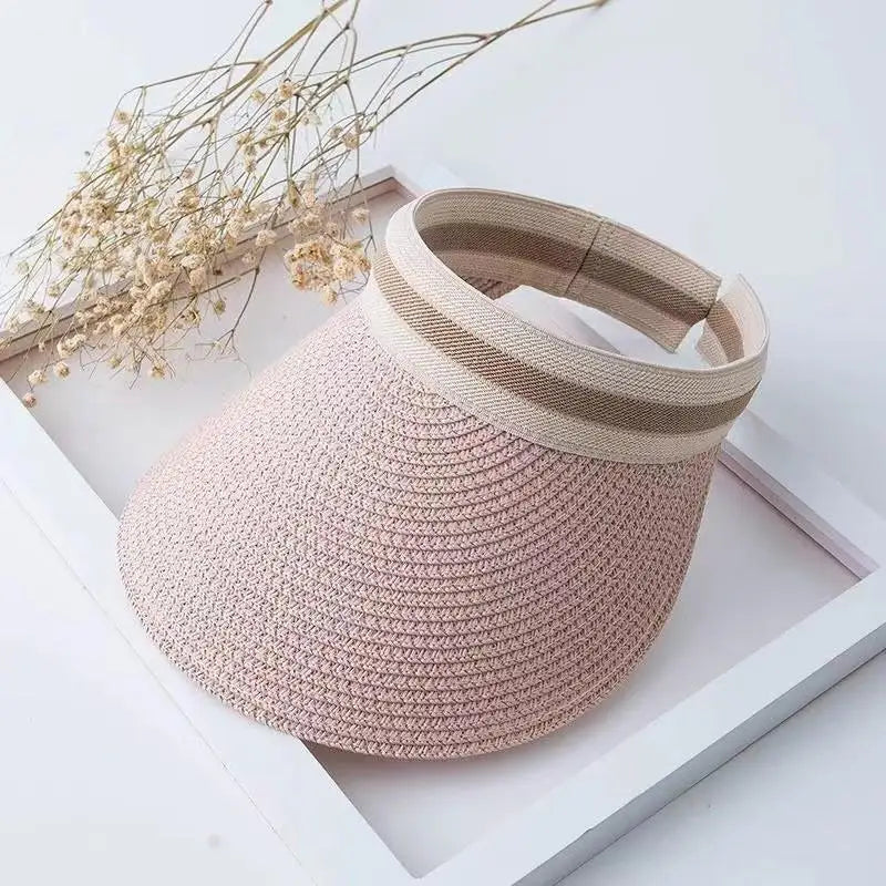 Women's Raffia Straw Sun Hat – Wide Brim Open Top UV Shield Straw Sun Hat Qst Pink one size