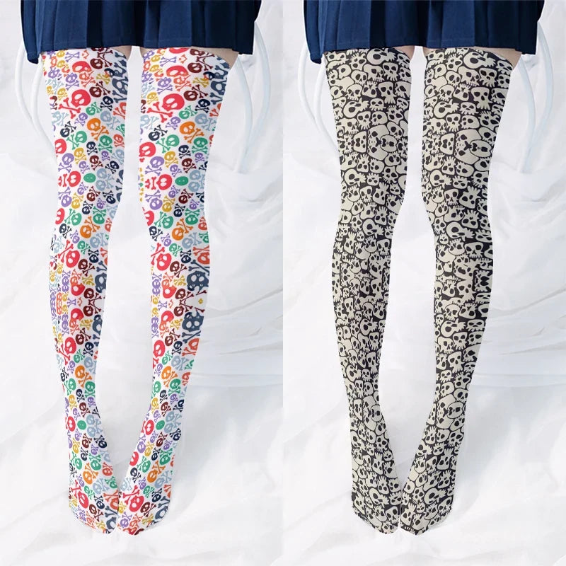Skull Print Women's Long Stockings | Novelty Hosiery Novelty Print Stockings Qme