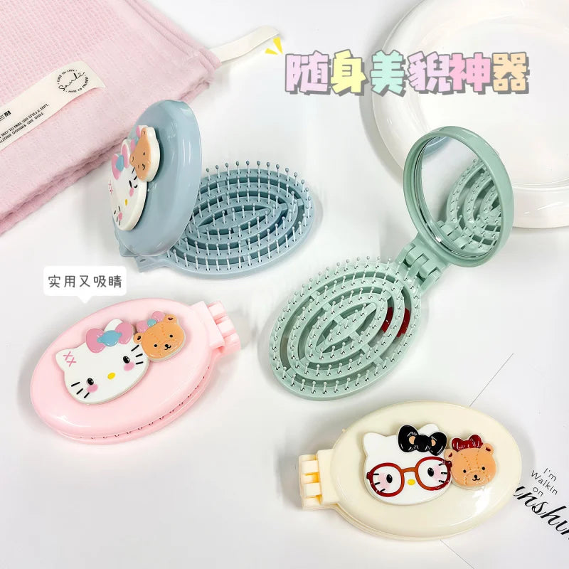 Hello Kitty Folding Mirror Comb – Portable Mini Openwork Folding Mirror Comb Qme