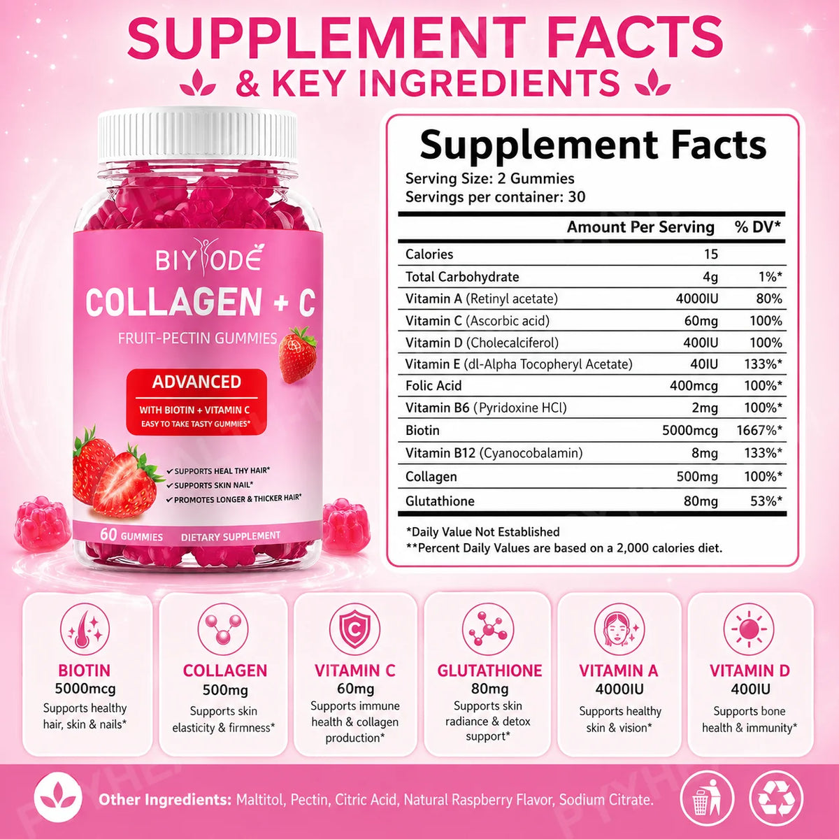 BIYODE Collagen Vitamin C Biotin Gummies – 60 Count Beauty Beauty Supplement Gummies Qst