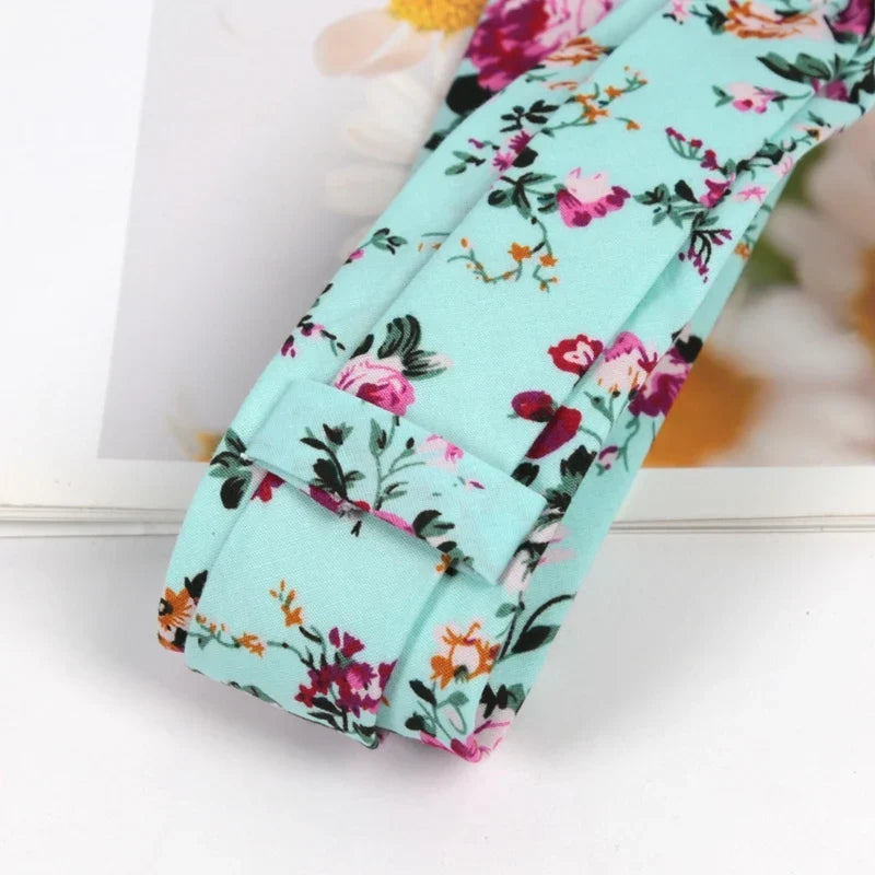 100% Cotton Floral Necktie – Elegant Flower Print, Men & Women Floral Cotton Necktie Qme