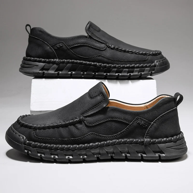 Men's Handmade Split Leather Loafers – Slip-On Moccasins Men's Leather Loafers Qst Black 46