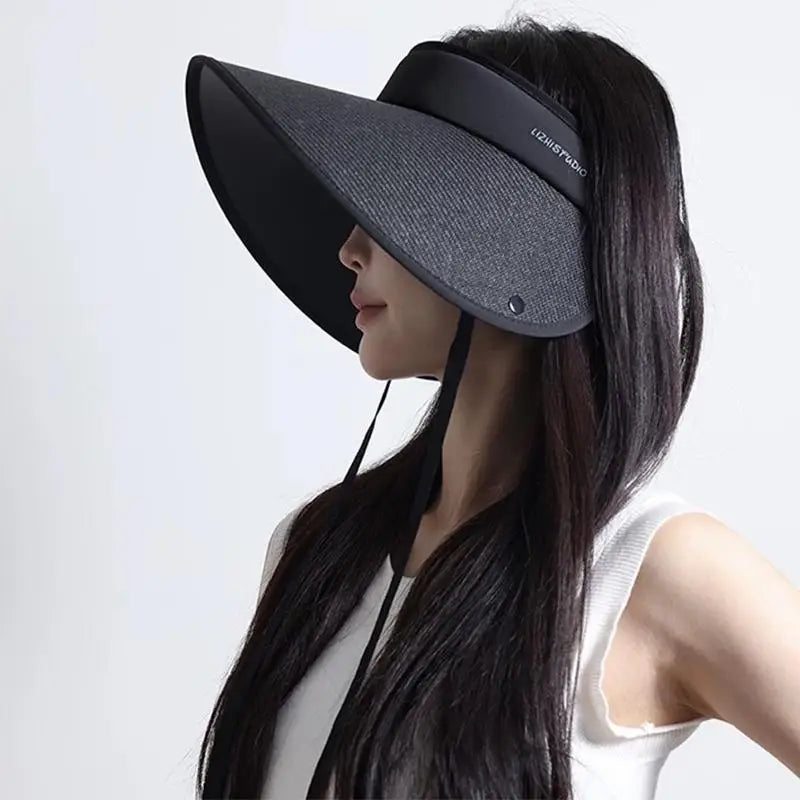 Women's Wide Brim Straw Sun Hat with Removable Shawl Wide Brim Sun Hat Qst one size Black