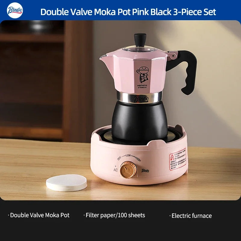 Bincoo Double Valve Moka Pot Espresso Maker 220V – Barista Stovetop Espresso Maker Qst A 3pcs set