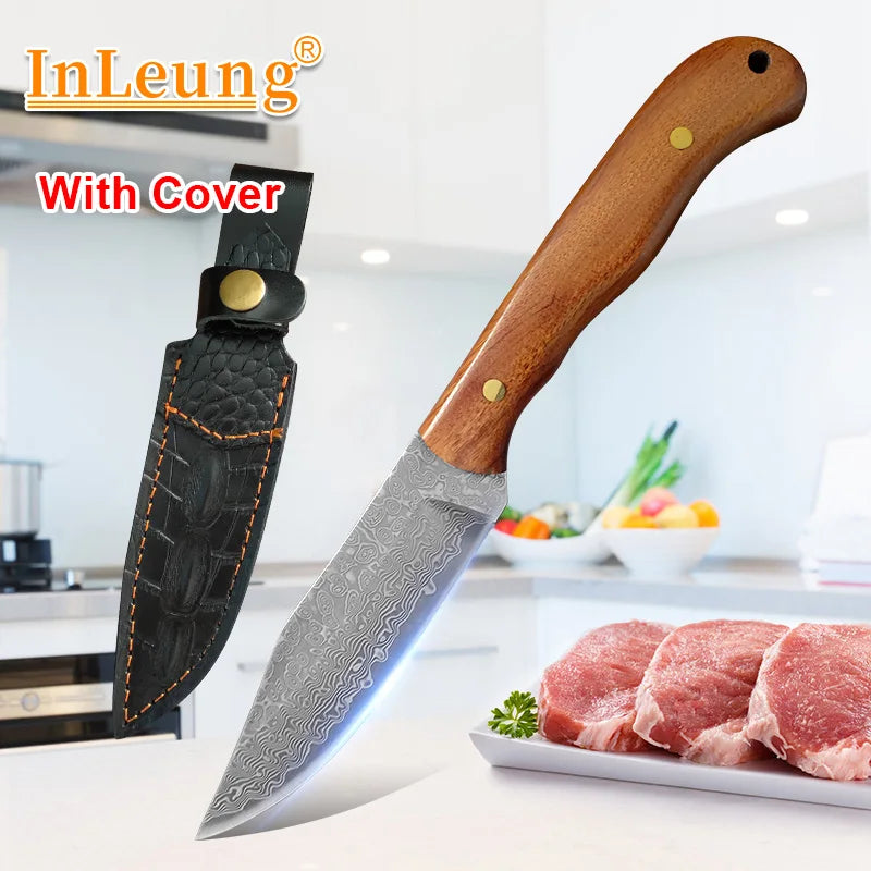 Damascus Steel Kitchen Knife – Hand Forged Wood Handle | InLeung Damascus Kitchen Knife Qst