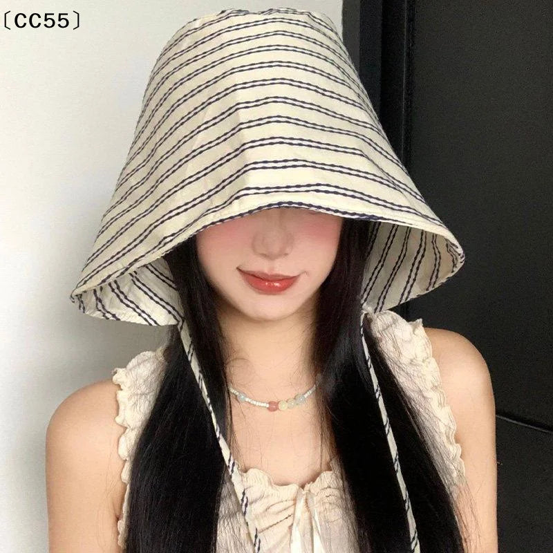 Women's Wide-Brim Foldable Striped Bucket Hat – Drawstring Women's Bucket Hat Qst