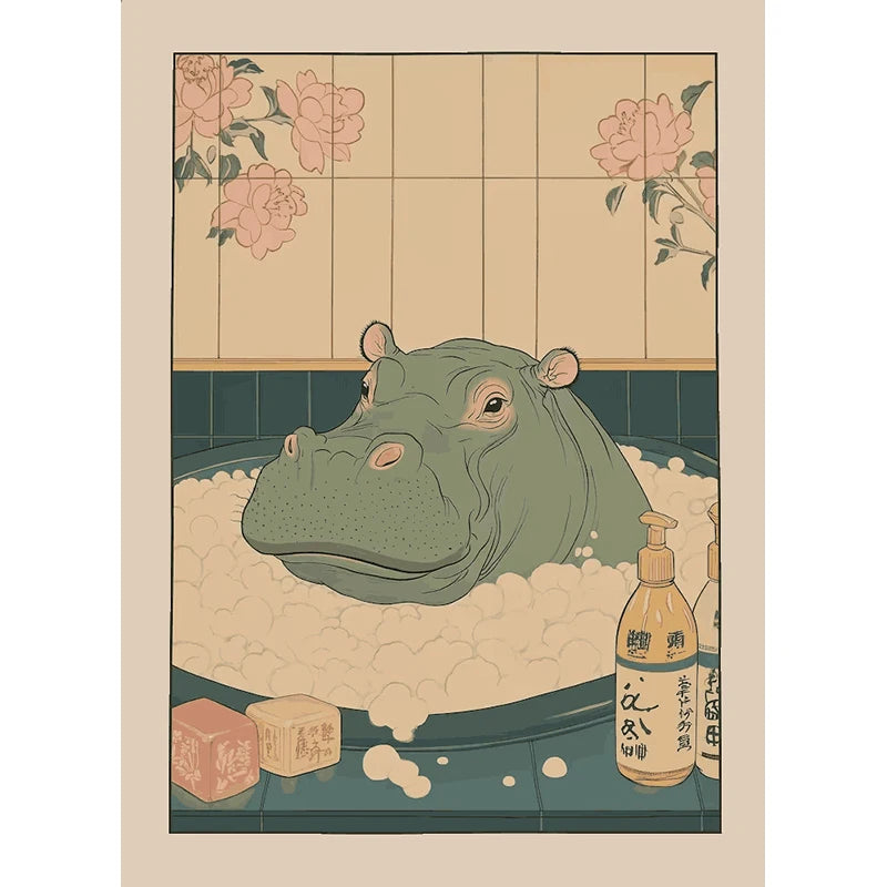 Japanese Bathroom Cute Animals Canvas Wall Art Poster Unframed