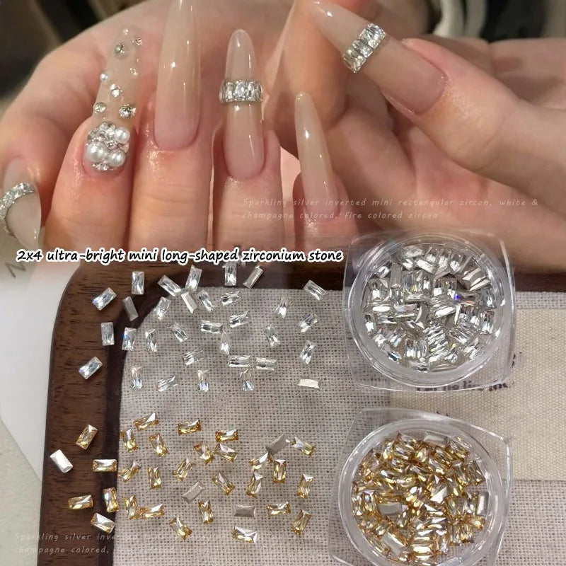 50pcs Zircon Nail Rhinestones 2x4mm Strip – Clear & Champagne Nail Art Rhinestones Qme