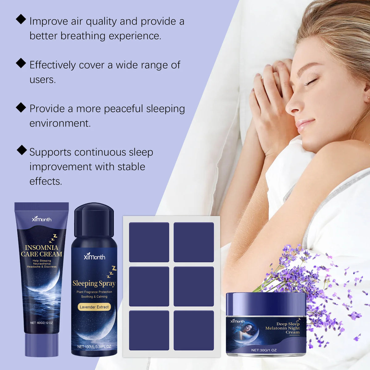 Ximonth Lavender Sleep Patch, Night Cream & Pillow Spray Set Aromatherapy Sleep Set Qst