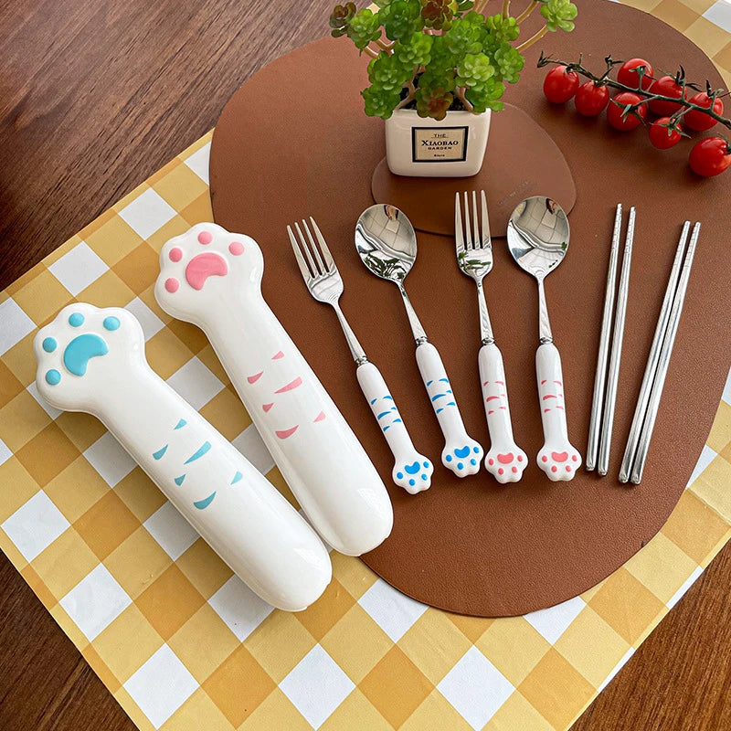 Cute Cat Paw Stainless Steel Cutlery Set with Storage Box Cutlery Set Qst