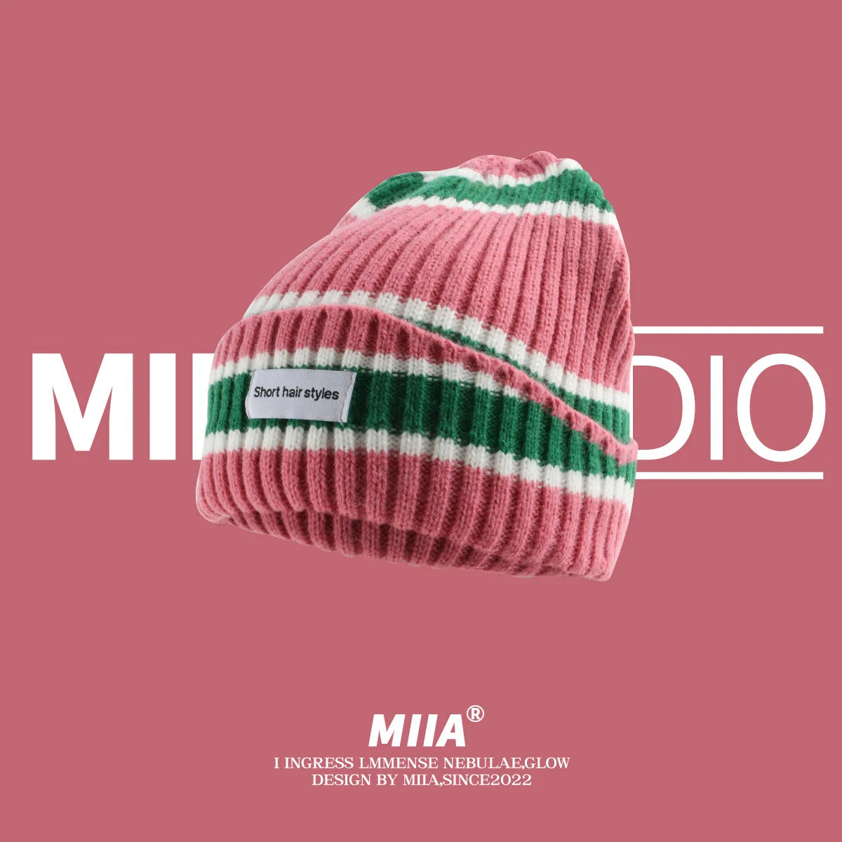 Striped Knit Beanie Hat – Warm Acrylic, 10 Colors Knit Beanie Hat Qme pink with green One Size