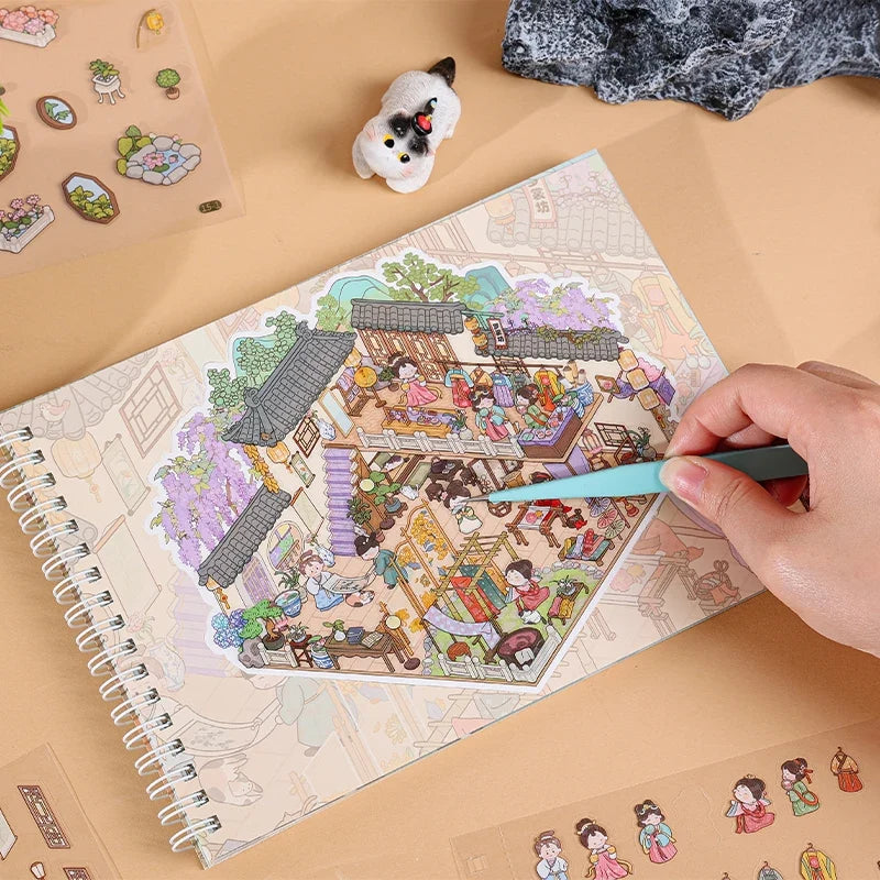 3D Cartoon Landscape Sticker Book – Ancient Building DIY Cabin 3D Sticker Book Qme