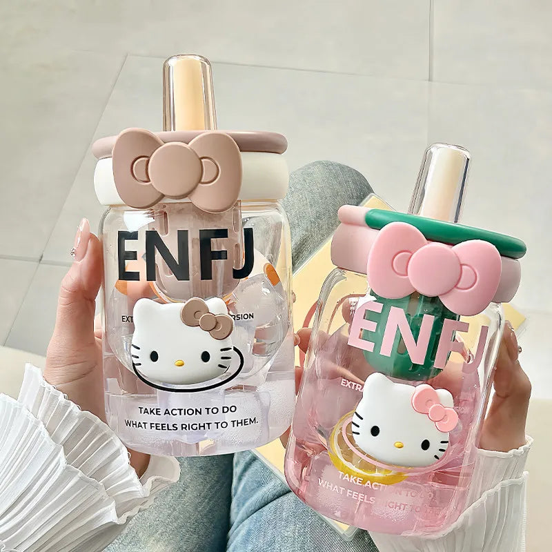 Hello Kitty Glass Cup with Straw & Tea Separator | Cute Office Cup Glass Straw Cup Qme