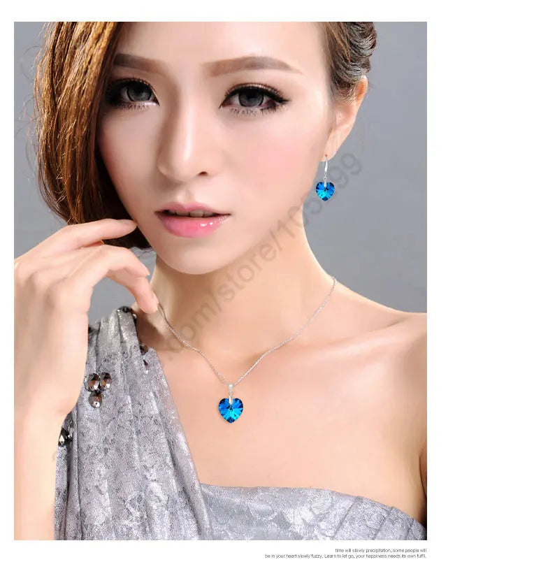 Blue Austrian Crystal 925 Sterling Silver Heart Pendant Set Crystal Jewelry Set Qme
