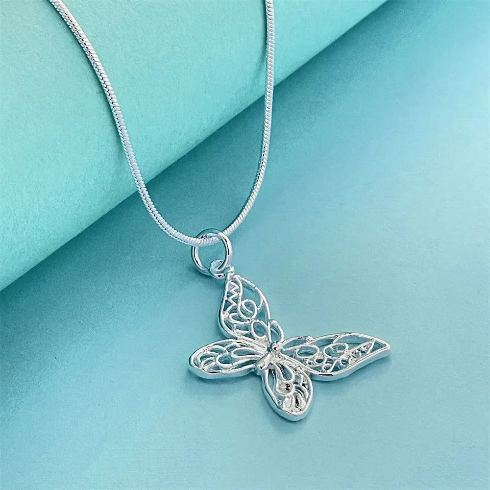925 Sterling Silver Butterfly Necklace | Kpop Snake Chain Silver Butterfly Necklace Qme