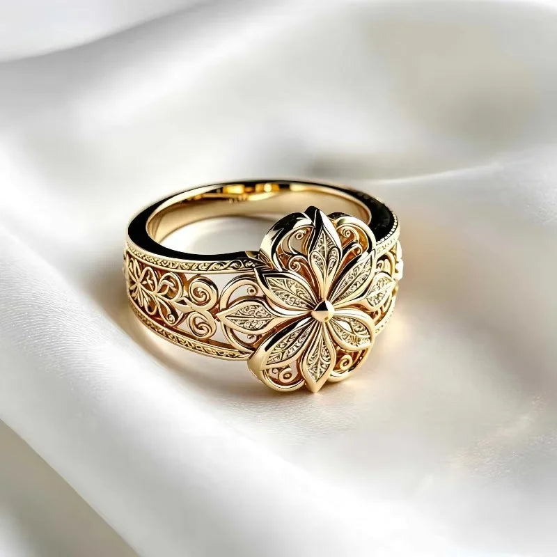 Vintage Flower Filigree Ring – Silver Hollow Floral Statement Filigree Statement Ring Qme golden 7