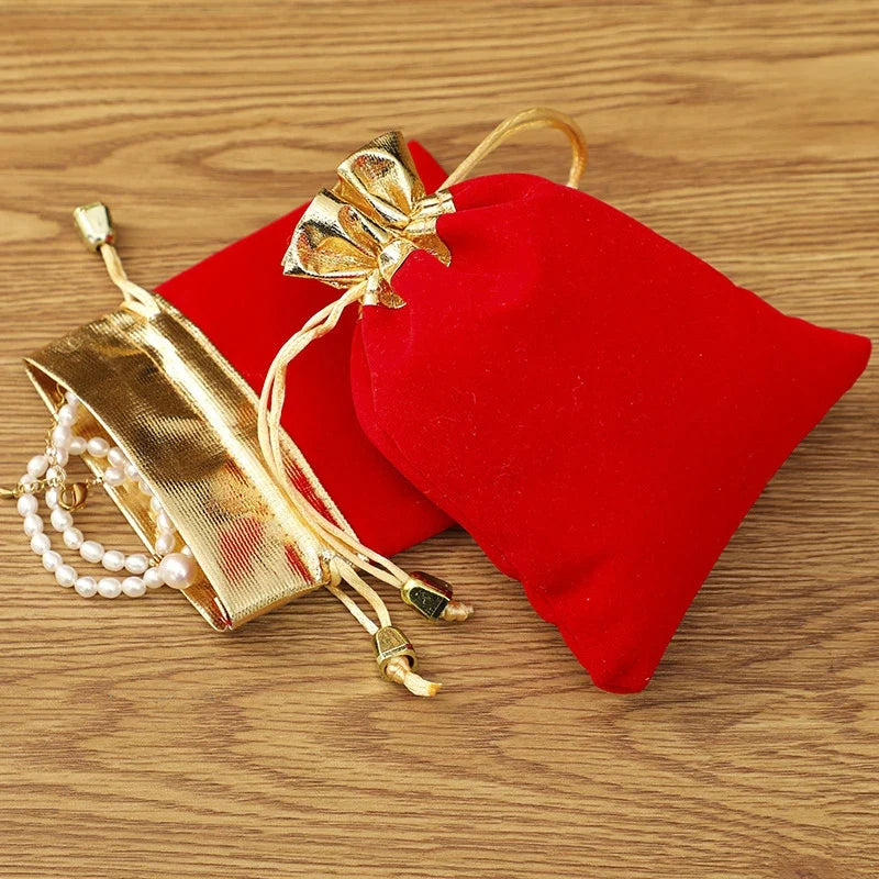 Vintage Velvet Drawstring Gift Bags with Gold Trim | Set Velvet Drawstring Pouch Qme