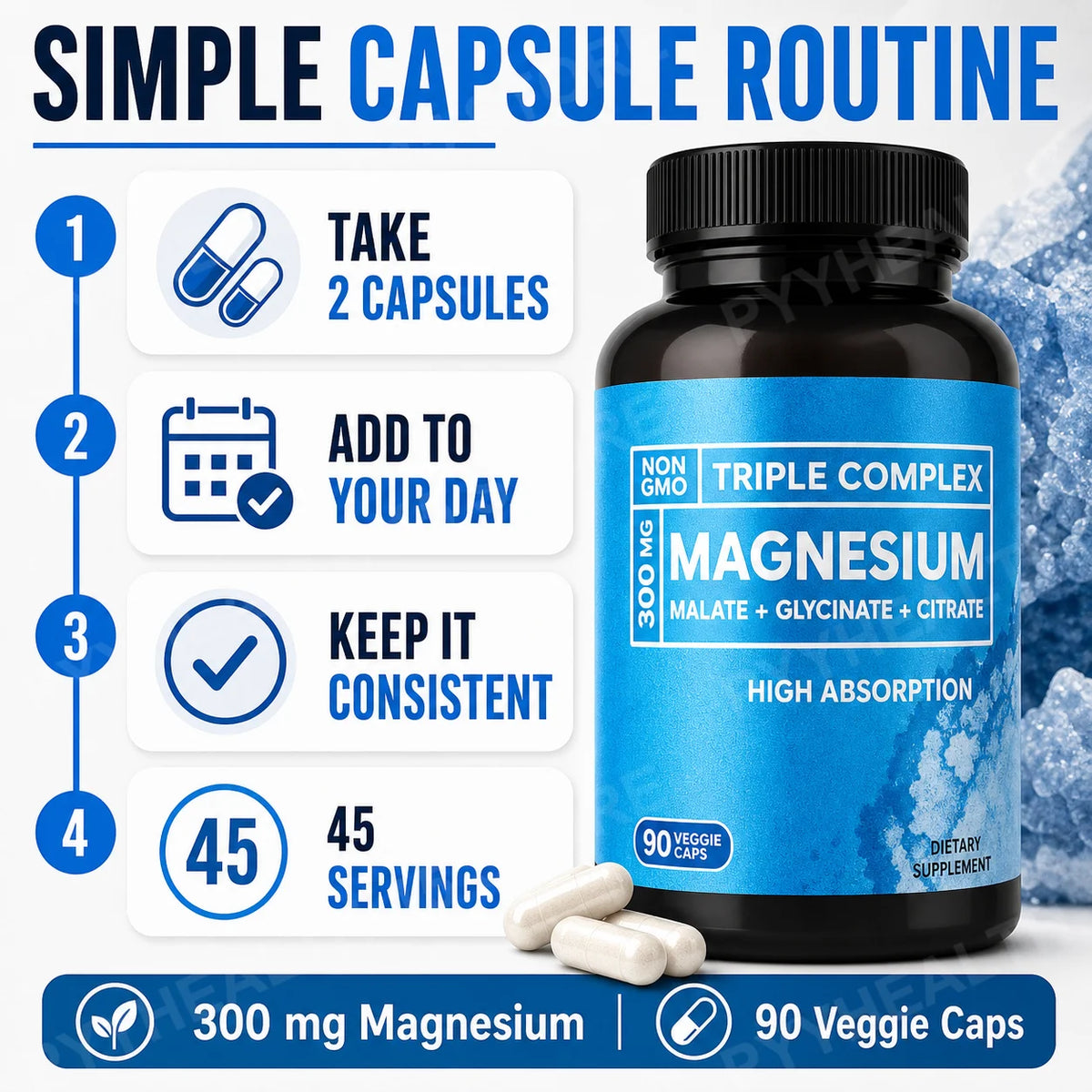 Triple Magnesium Complex 300mg – Malate Glycinate Citrate, 90 Caps Mineral Supplement Qst