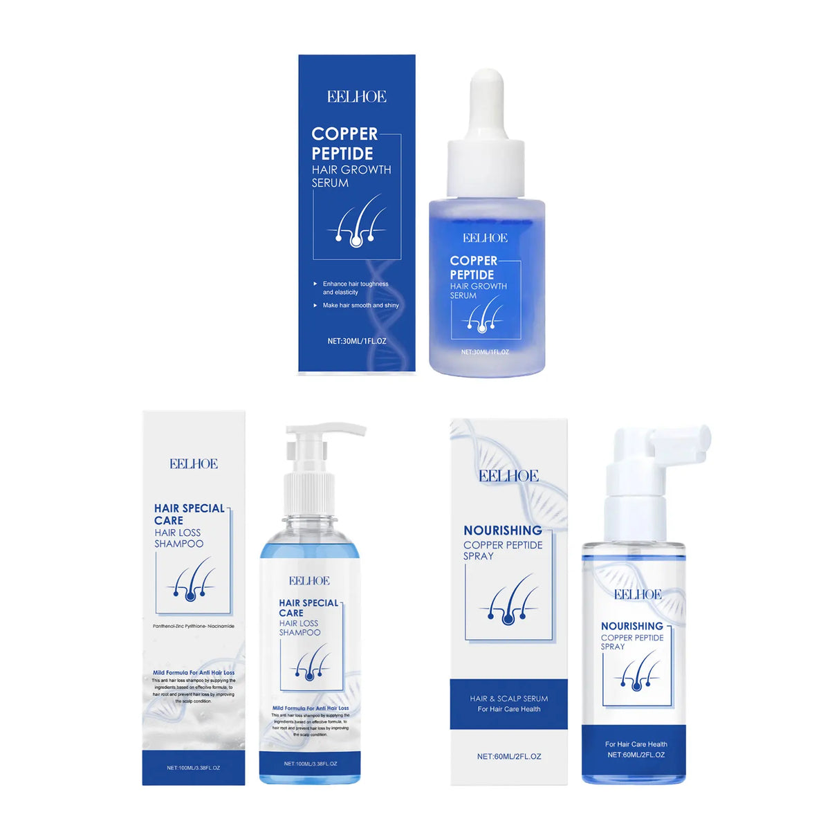 EELHOE Blue Copper Peptide Hair Care Set – Spray, Shampoo & Essence Hair Care Set Qst