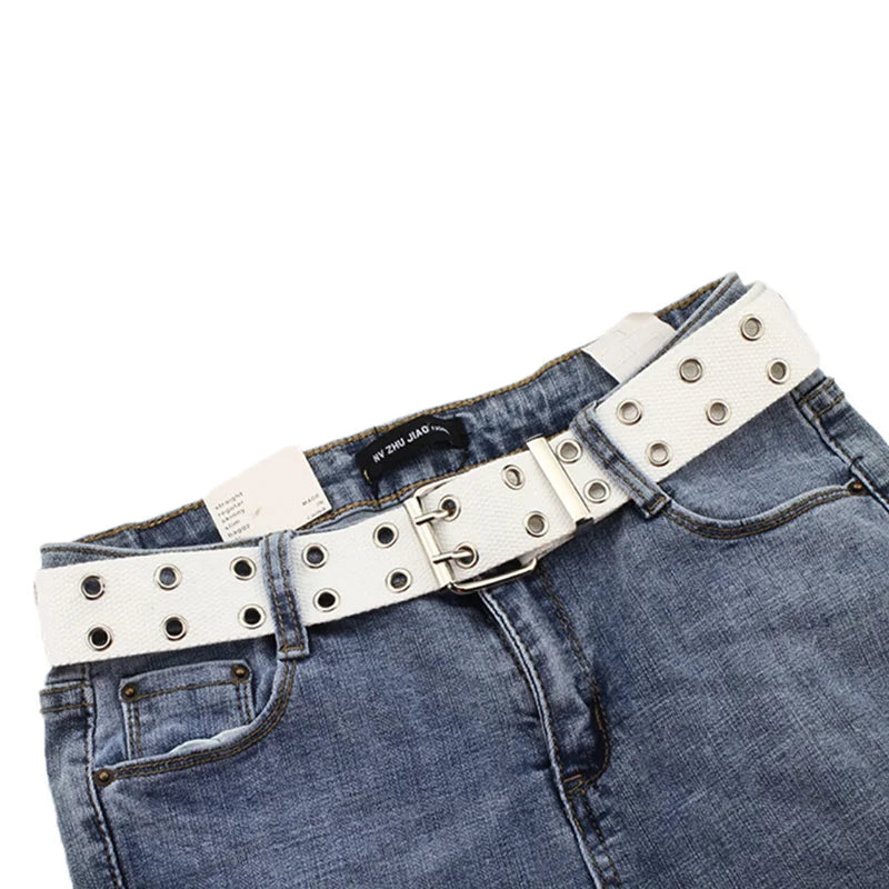Women's Studded Grommet 2-Row Canvas Pin Buckle Belt 105cm Canvas Fashion Belt Qst White